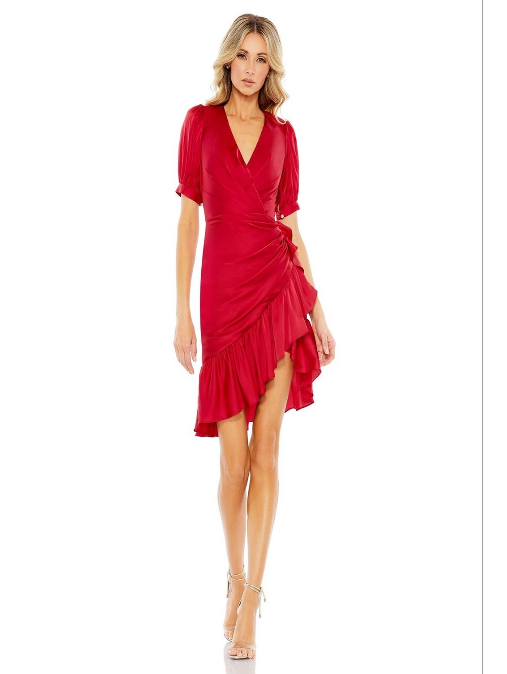 MacDuggal Red Ruffle Wrap Dress - Women's Elegant V-Neck Size 6 NWT